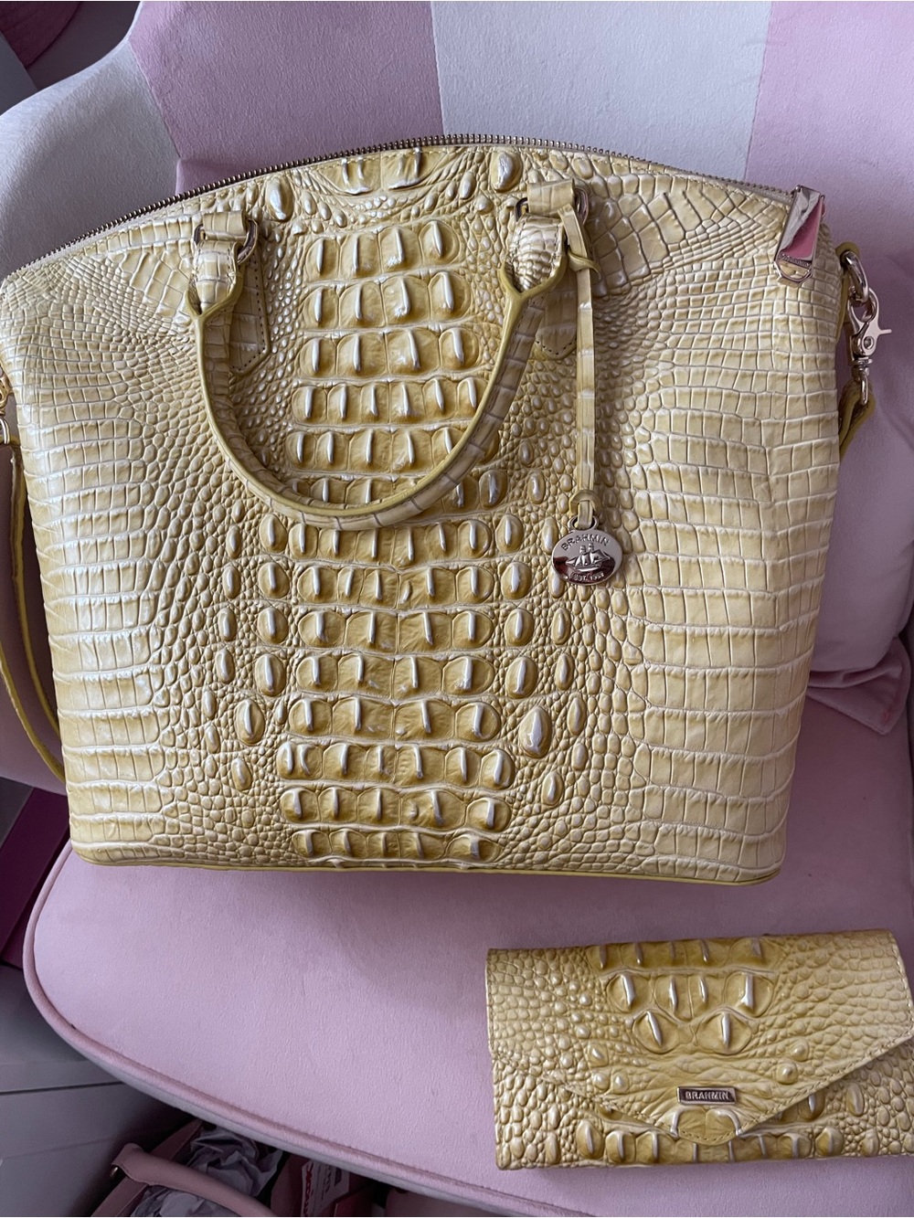 Brahmin Lemon Yellow Croc-Embossed Leather Tote with Wallet